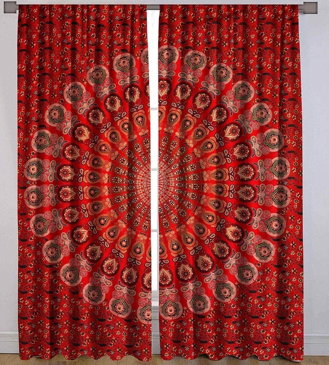 DIYANA IMPEX Indian Mandala Curtain Kitchen Window Curtains Curtain & Valance Set Dorm Tapestry,Indian Drape Balcony Room Decor Curtain Boho Set Hippie Curtain Panel (Red)