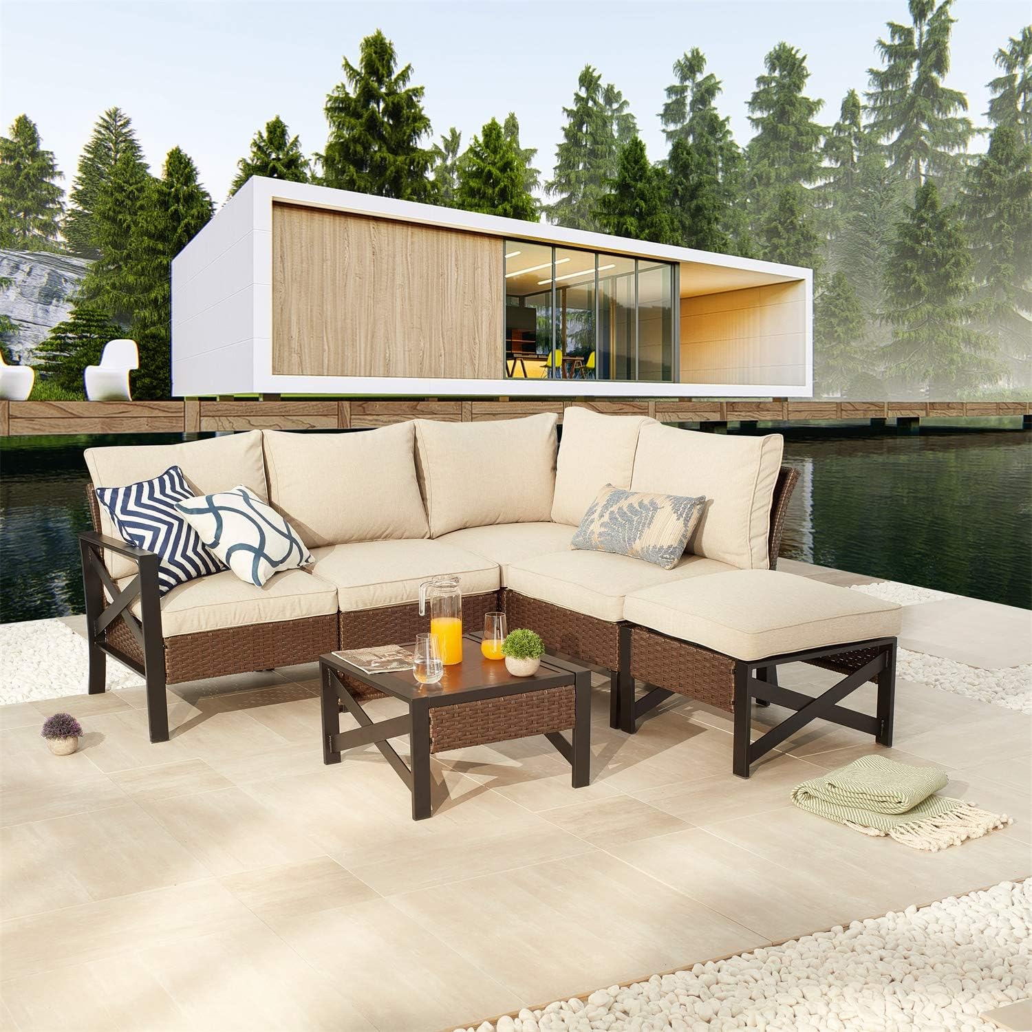 Patiofestival 5 Pieces Wicker Patio Furniture Set Patio Conversation Set Outdoor Patio Chairs Seat Cushions With Ottoman Conversation Sets Patio Lawn Garden