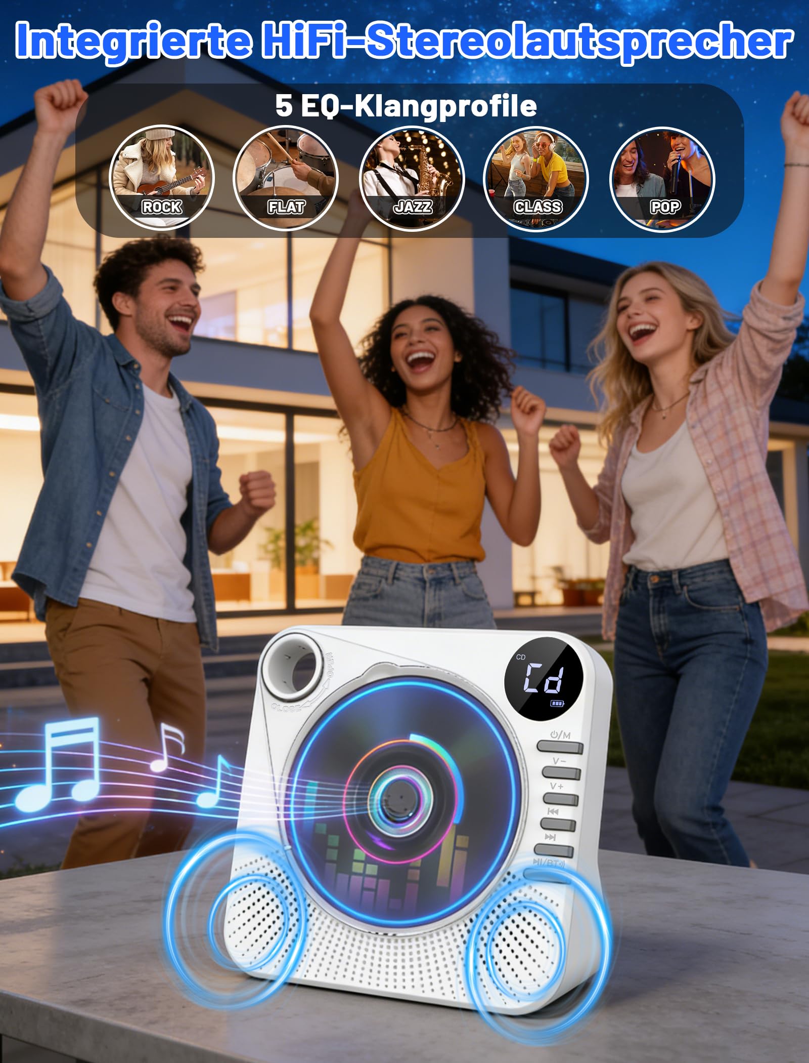 Tragbarer CD-Player 4000mAh Wiederaufladbar, Bluetooth 5.1 mit Stereo-Lautsprechern, Fernbedienung, Staubschutz-Schiebedeckel, Anti-Skip, AUX/USB, CD Spieler für Zuhause & Unterwegs - Weiß 6