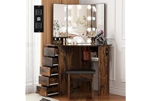VOWNER Vanity with Lights - Makeup Vanity Desk with Power Outlet, 3 Color Lighting Options Brightness Adjustable, Vanity Table with 5 Sliding Drawers, Shelves and Stool, Corner Vanity for Women Girls