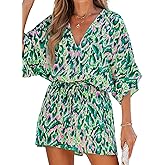 CUPSHE Women's Summer Romper Lace Up Printed Half Sleeves Casual Wide leg Vacation Outfit Mini One Piece Jumpsuit