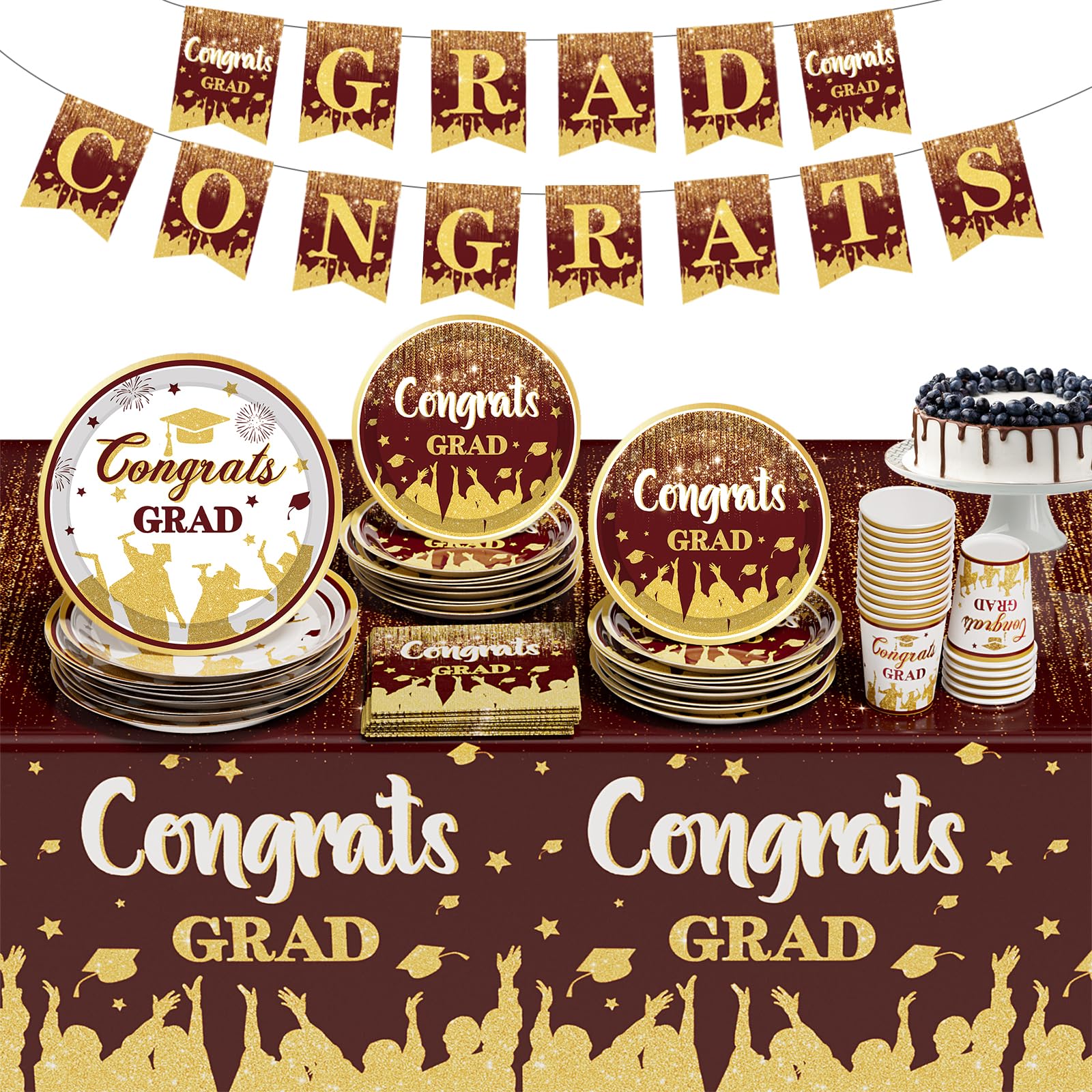 Photo 1 of 2025 Graduation Party Decorations, Maroon Graduation Party Supplies Disposable Paper Plates Napkins Cups Tablecloth Banner Dinnerware Set for Congrats Grad Party Decorations, Serve 25