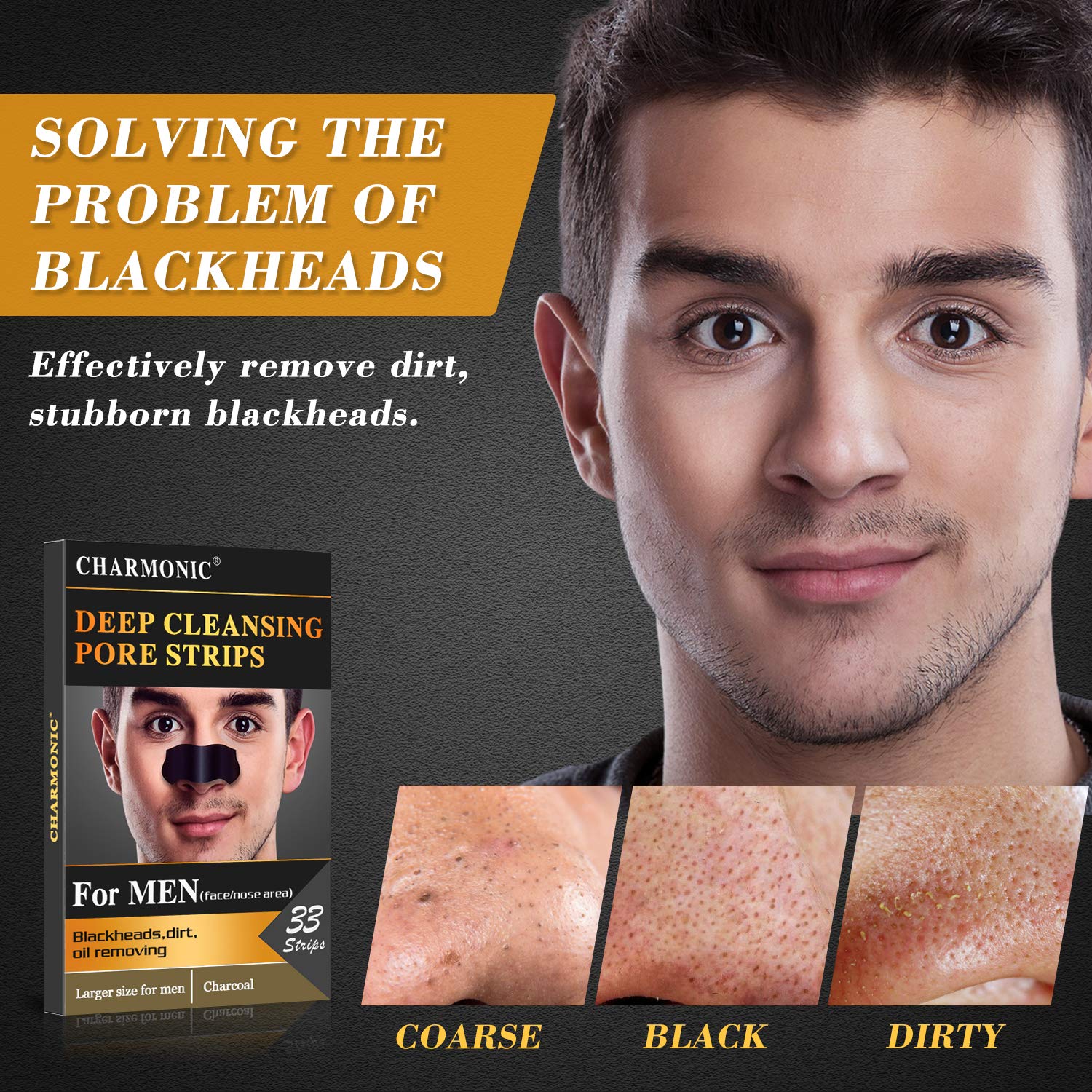 Charmonic Blackhead Pore Strips, 33 pcs Charcoal Peel Off Strips, Blackhead Remover Pore Strips for Men, Deep Cleansing Strips Remove for Nose Area and Face Oil and Blackheads
