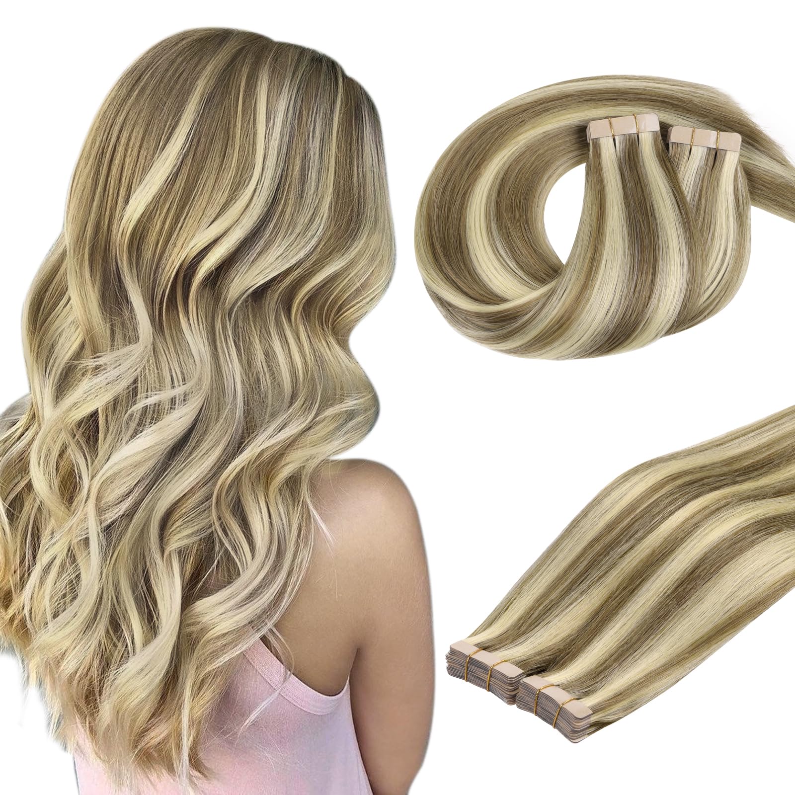 DOORES Tape in Human Hair Extensions, Light Brown Highlighted Medium Blonde 22 Inch 100g 40pcs, Tape in Hair Extensions Remy Straight โ image 1