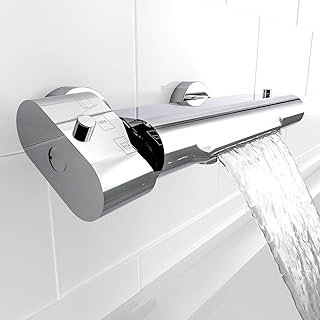 EISL Badewannenarmatur CARNEO, Mischbatterie mit Thermostatregulierung, Wasserfall-Auslauf, Sicherheitssperre bei 38°C, geringere Stoßgefahr durch kurzen Überhang, 1330090, Chrom