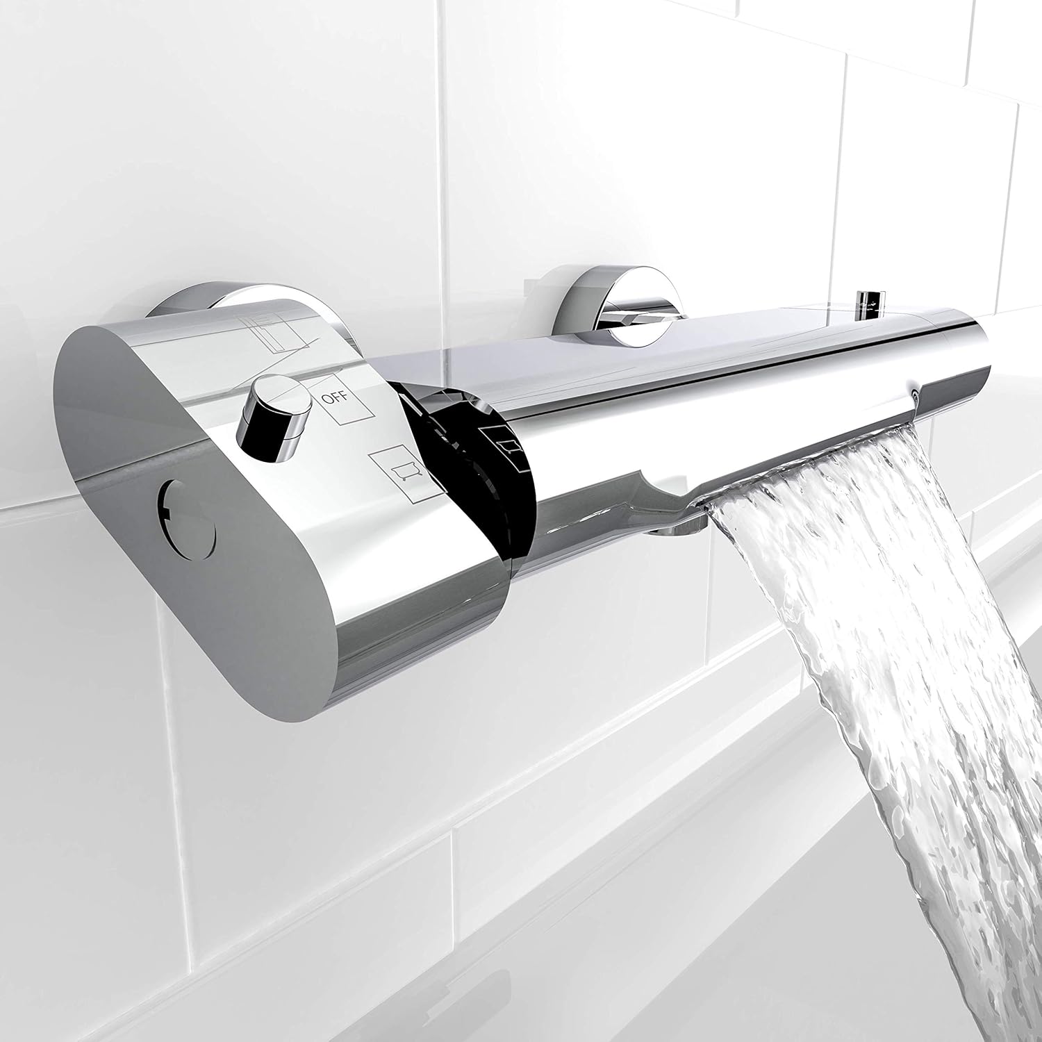 EISL Badewannenarmatur CARNEO, Mischbatterie mit Thermostatregulierung, Wasserfall-Auslauf, Sicherheitssperre bei 38°C, geringere Stoßgefahr durch kurzen Überhang, 1330090, Chrom