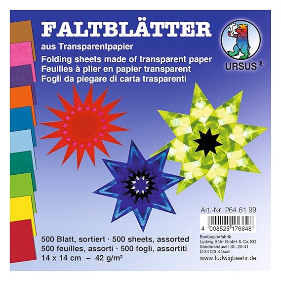 Ursus 2646199 - Faltblätter Transparentpapier, ca. 14 x 14 cm, 42 g/qm, 500 Blatt, sortiert in 10 Farben