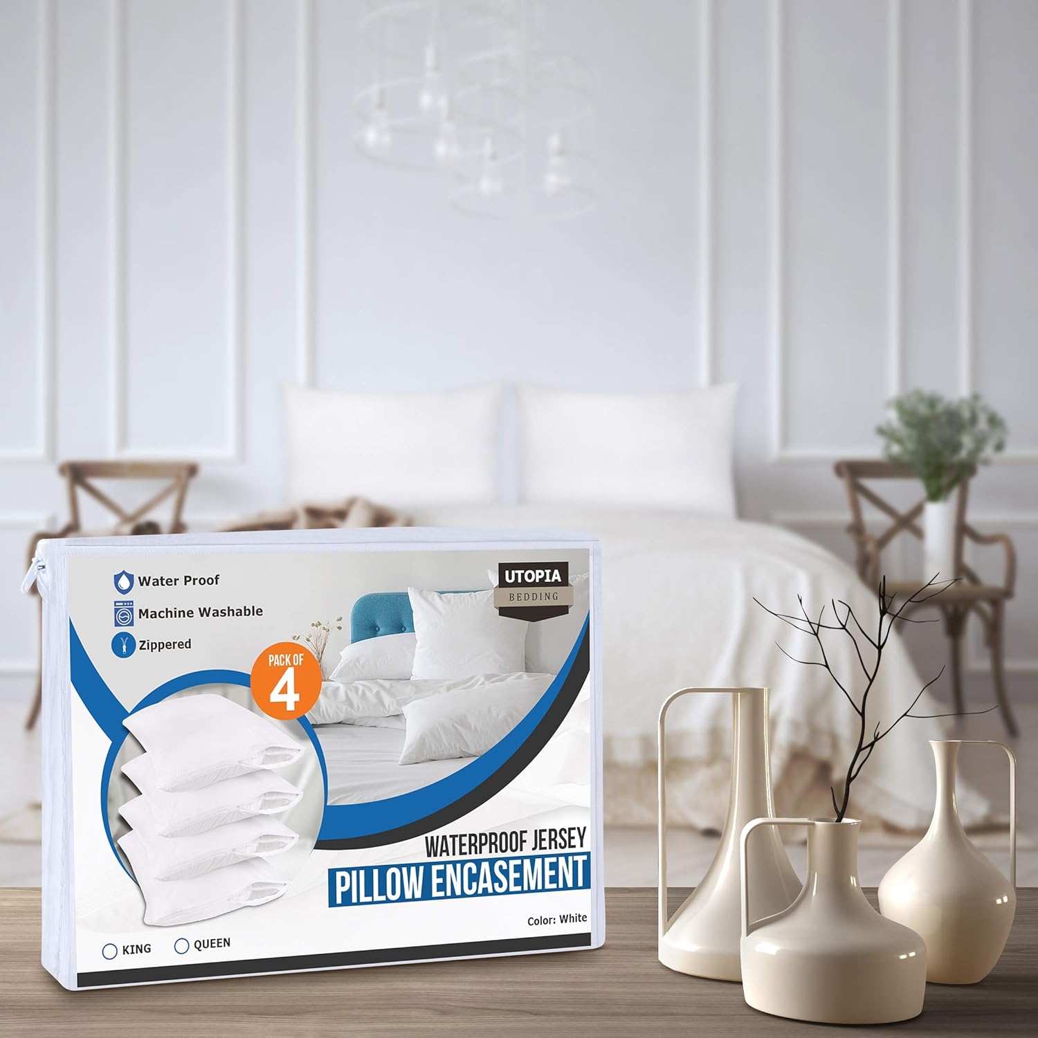 Utopia Bedding Waterproof Zippered Pillow Encasement – Pillow Protectors Jersey - 20 x 28 Inches - Bed Bug Proof (Pack of 4, Queen/Standard, White): Home & Kitchen
