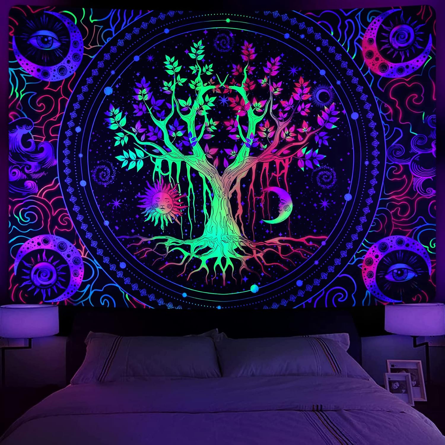 Tapestries - Krelymics Blacklight Tree of Life Tapestry Trippy Sun and Moon Tapestry UV Reactive Galaxy Space Tapestries Aesthetic Glow in The Dark, Black Light Tapestry for Bedroom(51.2 x 59.1 inches)
