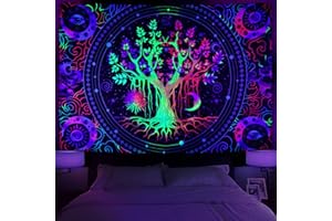 Krelymics Blacklight Tree of Life Tapestry Trippy Sun and Moon Tapestry UV Reactive Galaxy Space Tapestries Aesthetic Glow in The Dark, Black Light Tapestry for Bedroom(51.2 x 59.1 inches)