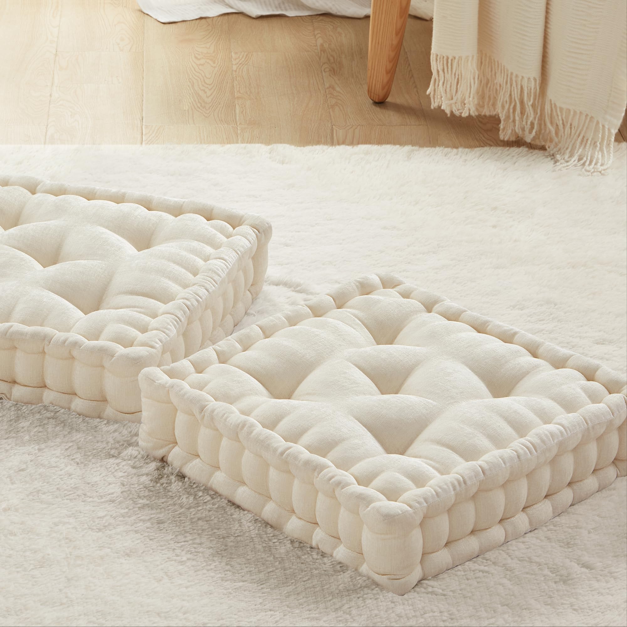 Codi INNA Meditation Floor Pillow, Large Pillows Seating for Adults, Tufted Thick Cushion for Yoga Living Room Sitting, Inna Ivory White 2 Pack