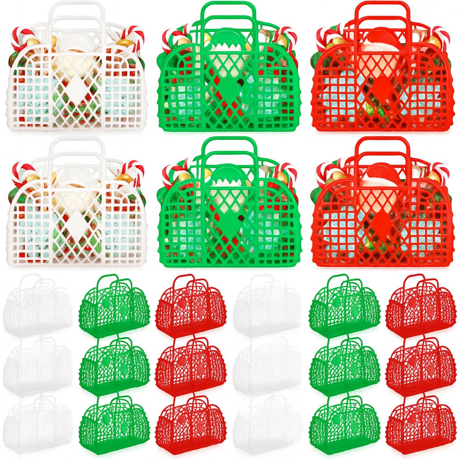 Photo 1 of *** Small size***
LemonRoad 24 Pcs Christmas Tiny Jelly Bags Hanging Ornaments for Christmas Tree Cute 3.5" x 1.9" x 3" Mini Xmas Jelly Baskets Bulk Plastic Green Red Tote Bag for Party Favors Supplies Decorations