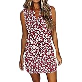 AUSELILY Womens Summer Dresses 2026 Casual V Neck Sleeveless Drawstring Button Mini Dress with Pockets