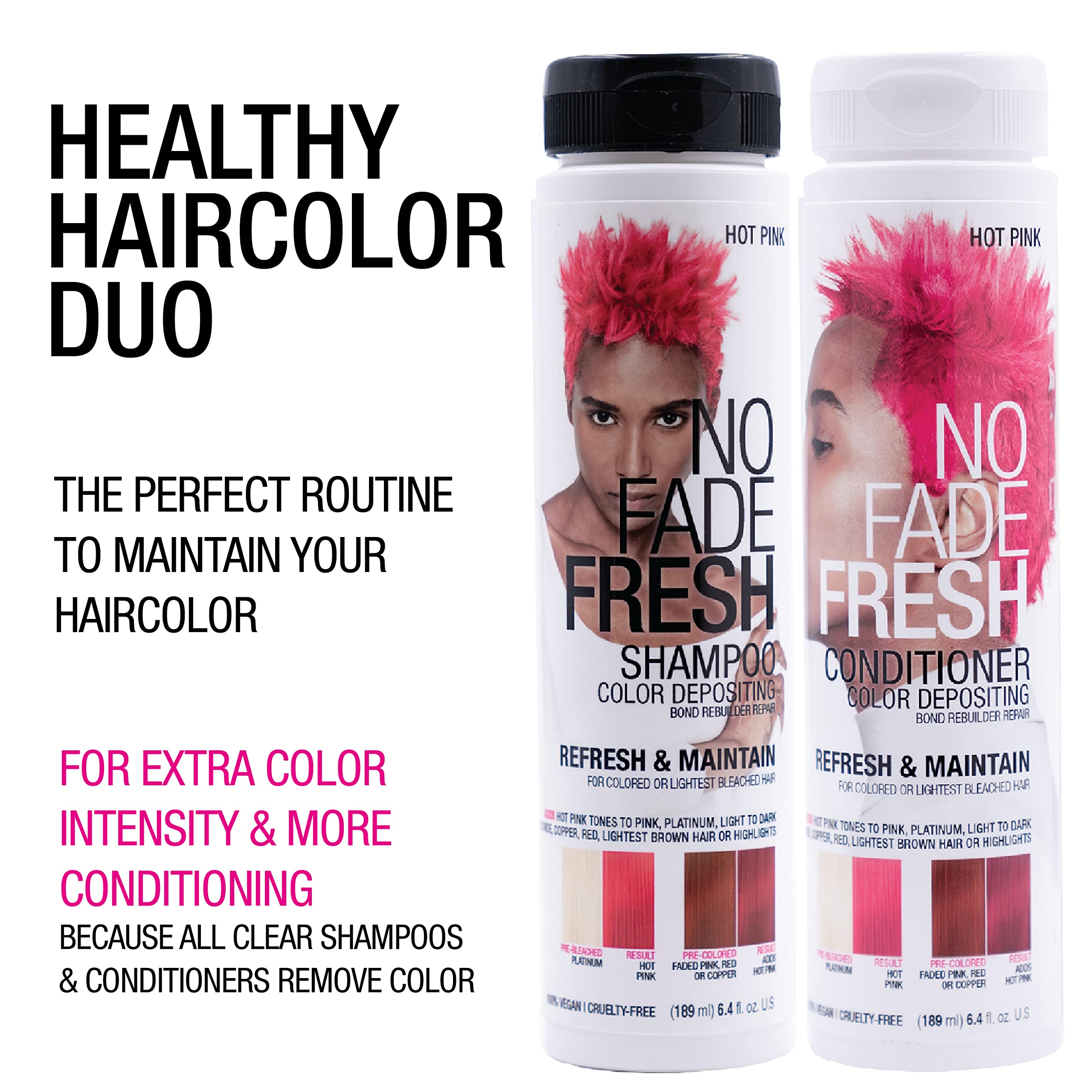 NO FADE FRESH Hot Pink Depositing Shampoo + Conditioner + BondHeal Bond Rebuilder Bundle - Enhance Bright Temporary Color, Prevent Fading, and Restore Hair Health