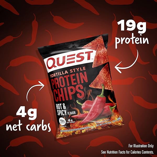 QUEST NUTRITION TORTILLA STYLE PROTEIN CHIPS, HOT & SPICY, 19G OF PROTEIN, 4G NET CARBS, GLUTEN FREE, 1.1 OUNCE (PACK OF 12)