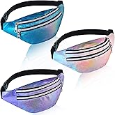 3 Pieces Holographic Fanny Pack for Women Men Kids, Metallic Color Sport Waistbag with Pouches and Adjustable Belt, Hologram PU Waist Pack for Traveling, Running, Partying (Blue, Pink, Purple)