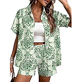 MYHALF Women's 2 Piece Hawaiian Outfits Button Down Beach Vacation Set Tropical Shorts Summer Short Sleeve Beachwear Cover Up