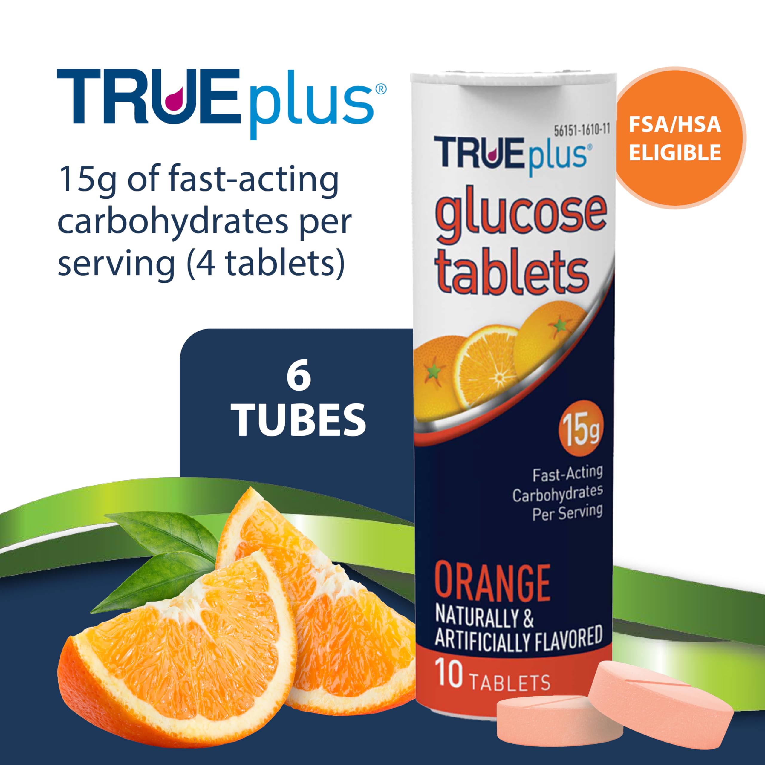 TRUEplus Glucose Tablets, Orange Flavor - 6X 10ct Tubes