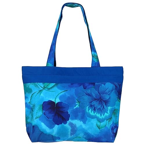 ShalinIndia Unisex Multipurpose Cotton Blue Tote Bag with Zipper Closure and Double Handles