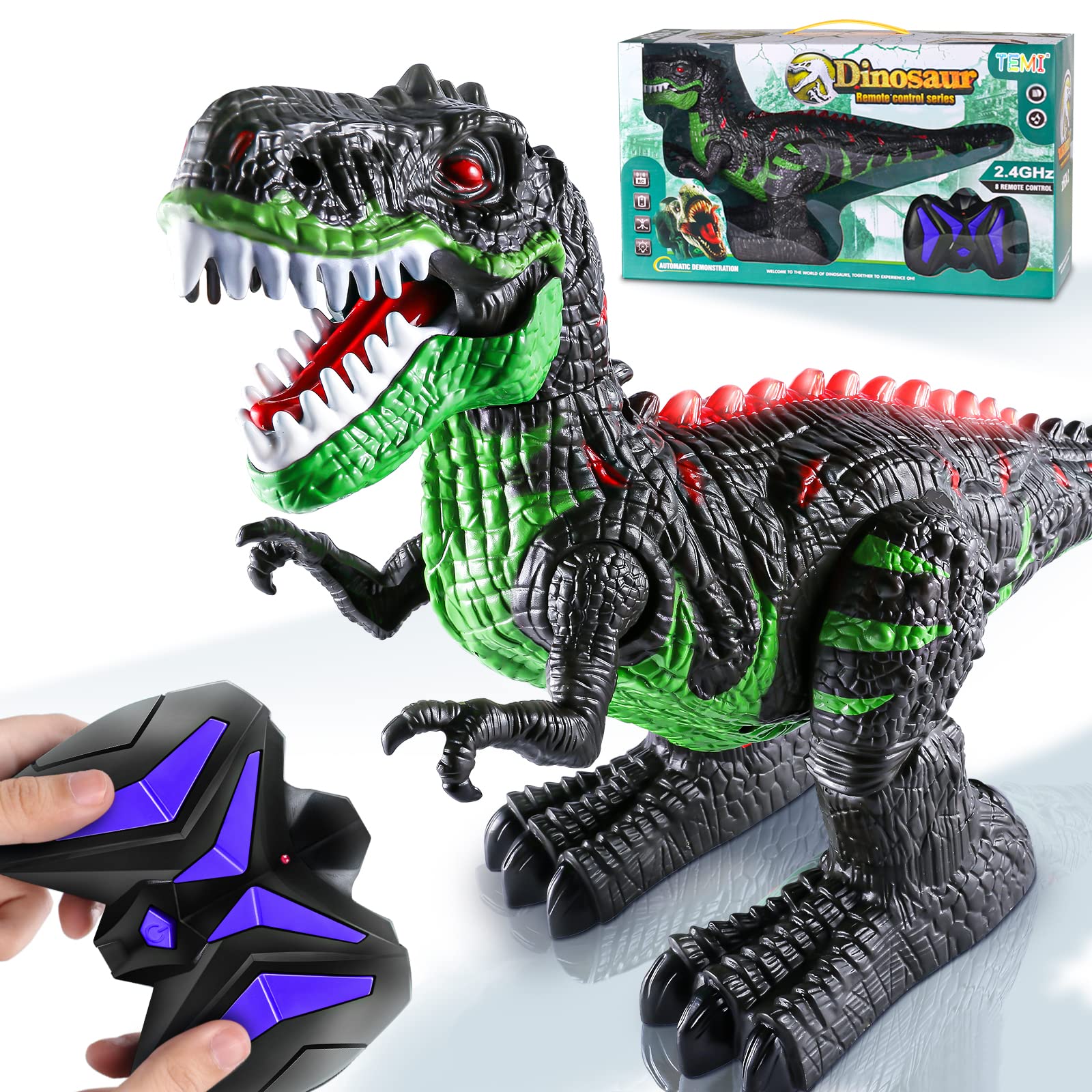 TEMI Remote Control Dinosaur Toys for Boys 3 4 5 6 7 8 Years, Electric Stunt RC Walking T-rex Toy with Light and Sounds, Rechargeable Battery, 360° Rotating, Birthday Gift for Kids
