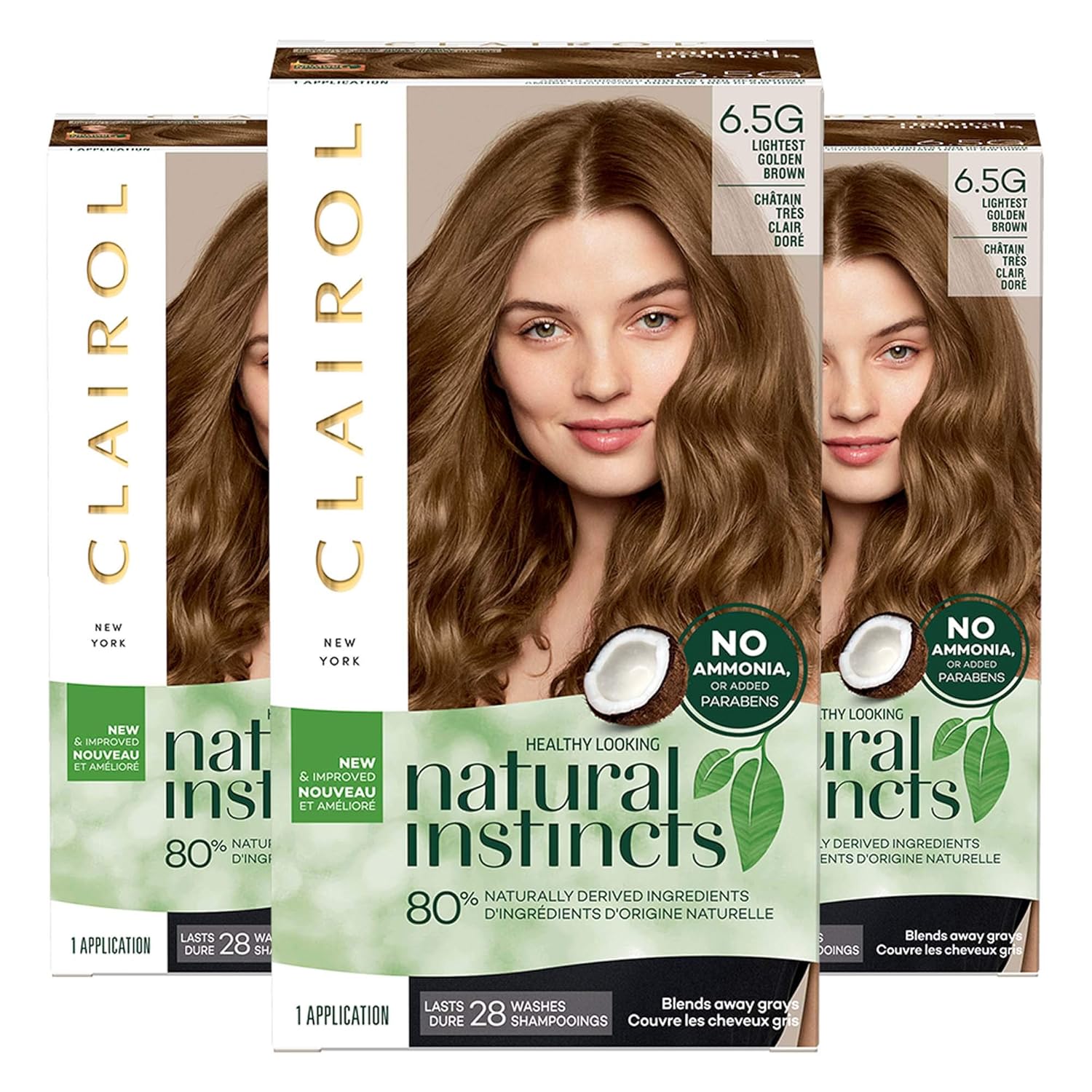 Clairol Natural Instincts Semi-Permanent, 6.5G Lightest Golden Brown, Amber Shimmer, Pack of 3
