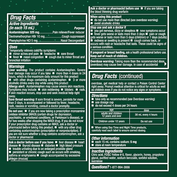 TUKOL HONEY MULTI-SYMPTOM COLD & FLU MEDICINE FOR ADULTS – DAYTIME COUGH SUPPRESSANT, SORE THROAT RELIEF, NASAL CONGESTION, FEVER REDUCER, CHEST CONGESTION RELIEF, AGES 12+, 4 FL OZ