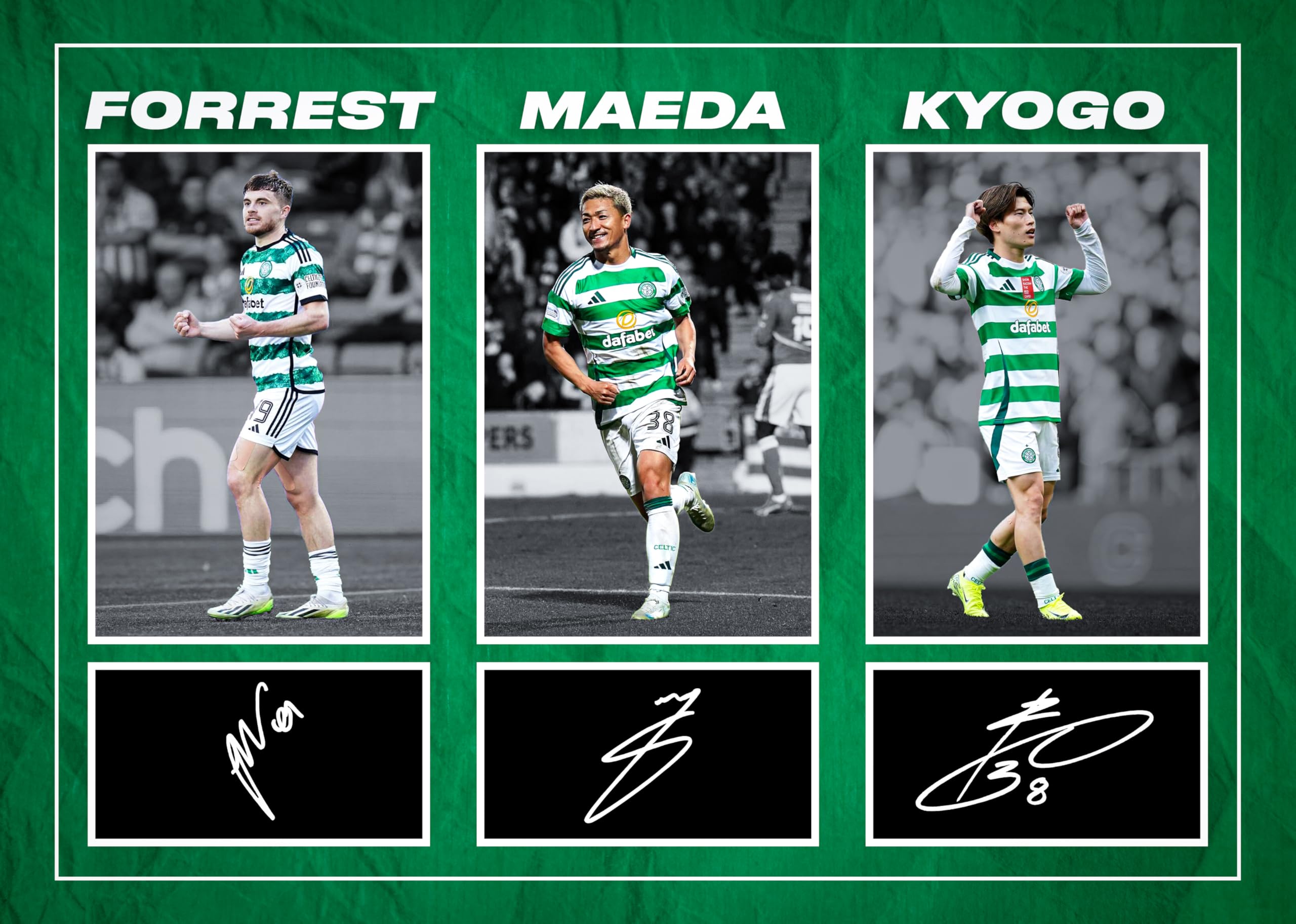 RJR PRINTS Kyogo Furuhashi, Daizen Maeda & James Forrest - Celtic Football Players Signed A4 Montage Autograph Photo Print With Pre Printed Signatures That Would Make A Superb Gift For Any Fan.