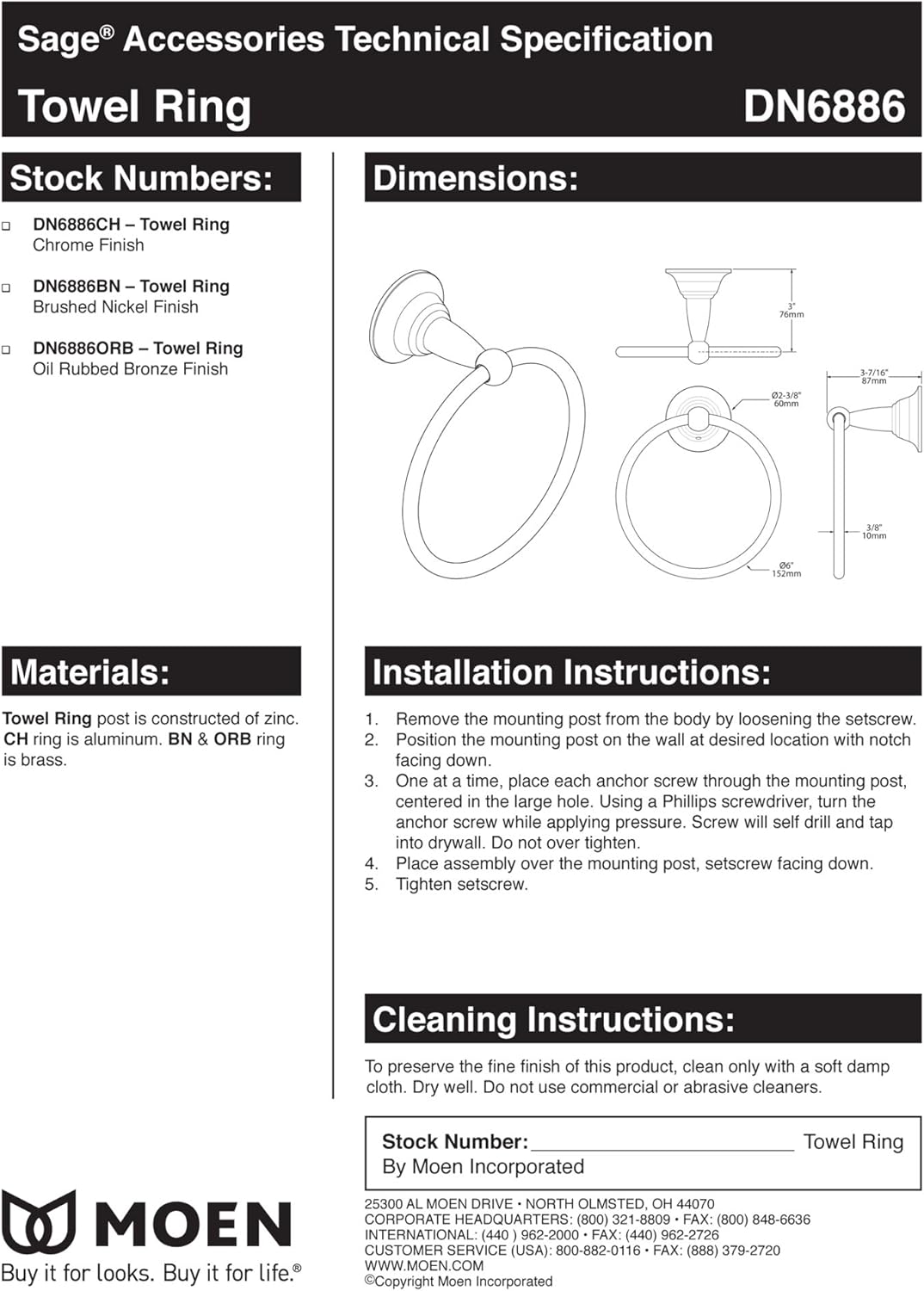 Moen DN6886BN Sage Single Post Bathroom Hand Towel Ring, Spot Resist Brushed Nickel - Moen Sage Collection - 