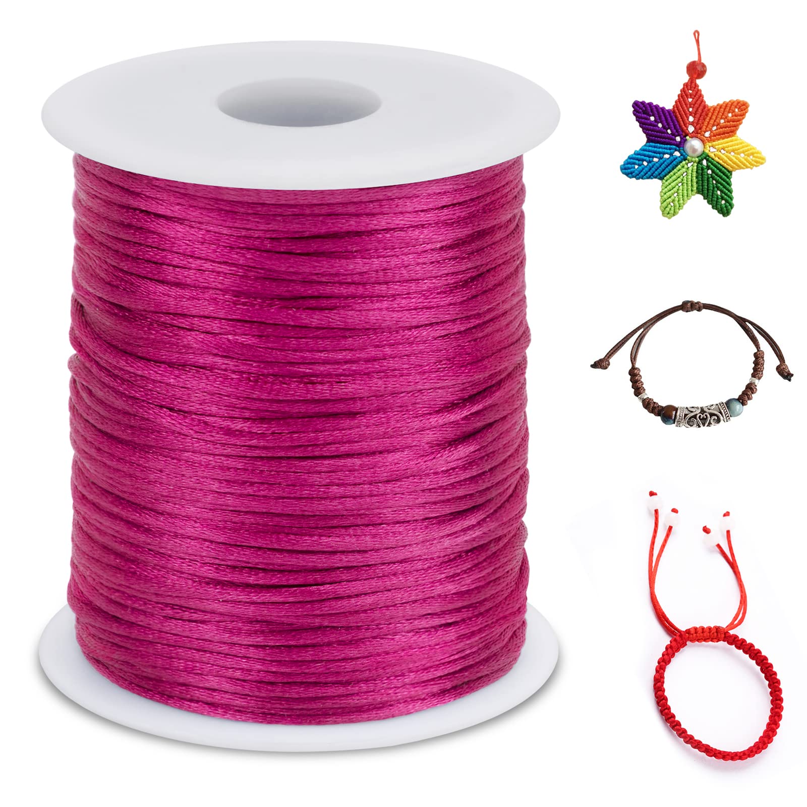 LEREATI Nylon Cord 1.5mm x 100m, Satin Cord Nylon String Macrame Cord, Coloured Beading Thread String for Making Bracelet, Necklace, Chinese Knot, Jewellery (Rose Red)