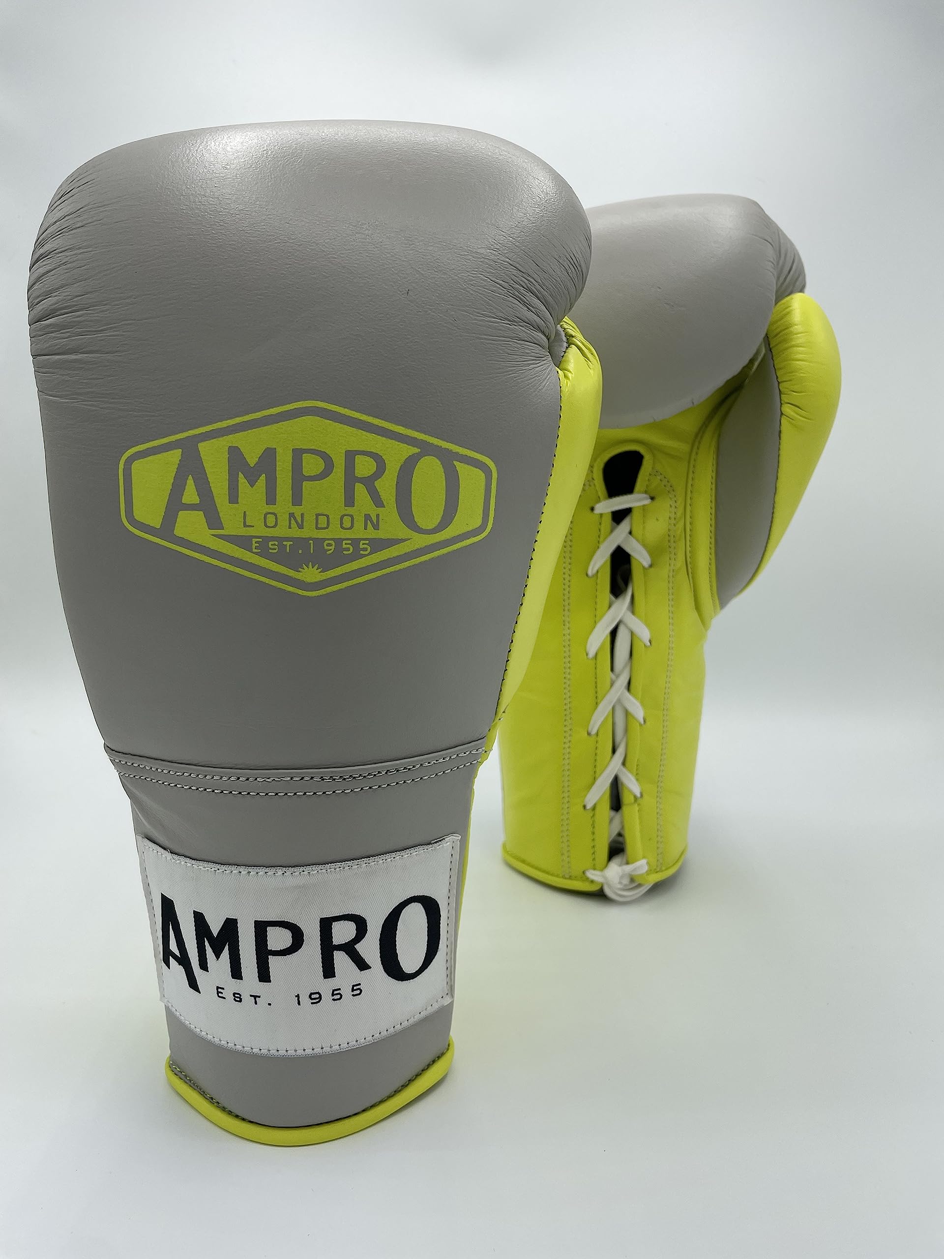 Ampro Hybrid Powertech Lace Up Sparring Glove - Sparring/Bag/Spar/Boxing/Training (Grey/Lime, 14oz)