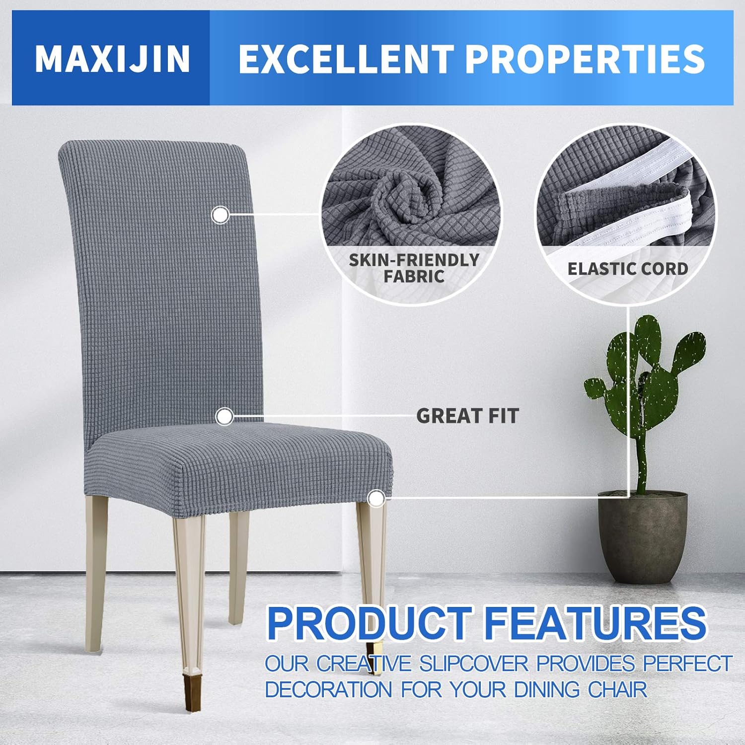 MAXIJIN Super Stretch Dining Room Chair Cover Jacquard Spandex Dining Parsons Chair Slipcover Removable Chair Protector Covers for Dining Room,Hotel,Kitchen,Ceremony (Light Grey - Image 4
