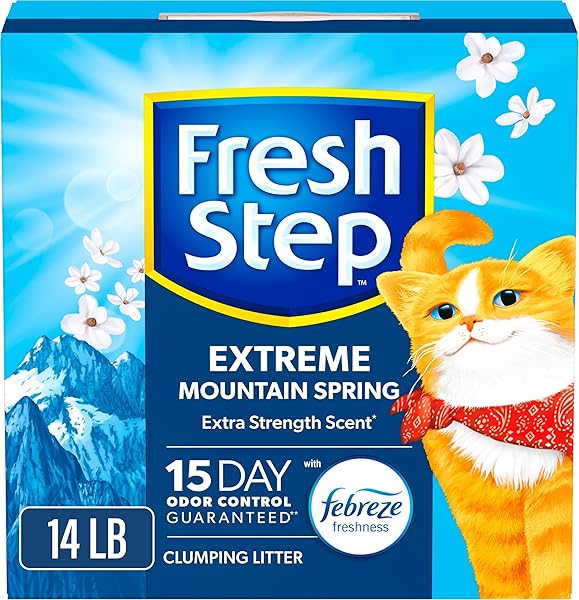 FRESH STEP EXTREME CLUMPING LITTER WITH FEBREZE FRESHNESS, MOUNTAIN SPRING SCENT CLUMPING CAT LITTER WITH GUARANTEED ODOR CONTROL, 14 LB. BOX