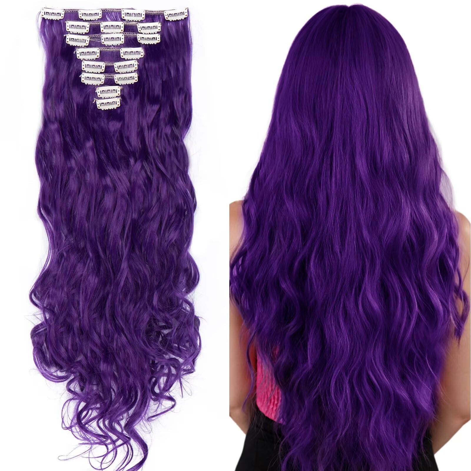 Silk-co Hairpiece Extensions Clip in Hair Extension Long Curly Wavy 8 Pcs Full Head 18 Clips Synthetic Heat Resistant [24 inch Dark Purple] — image 1