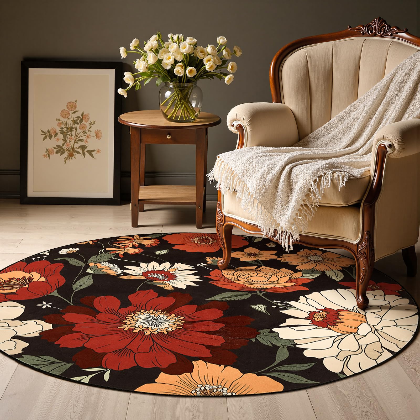Photo 1 of jinchan Black Round Rug Vintage Floral 6ft Area Rugs for Bedroom - Washable Rug Soft Non-Slip Indoor Boho Flower Print Circle 6' Round Accent Carpet for Living Room Dining Room Home Office