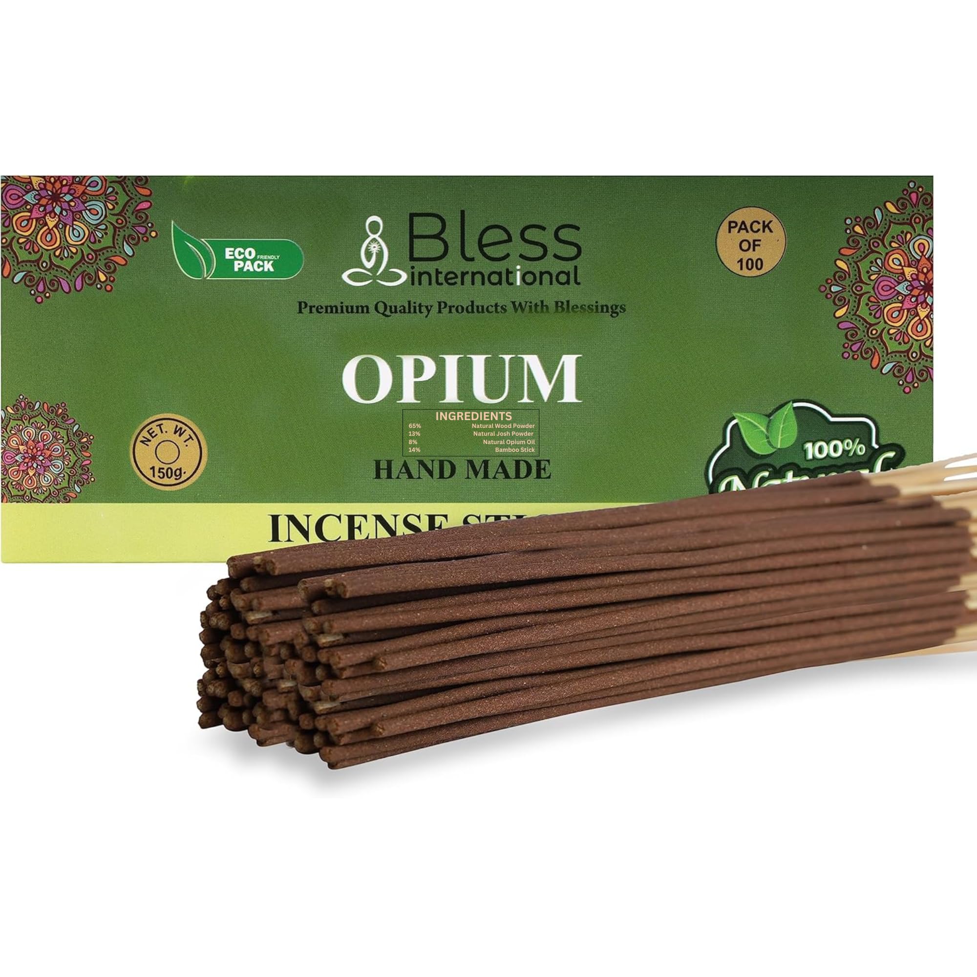Bless-OPIUM-Incense-Sticks 100%-Natural-Handmade-Hand-Dipped-Incense-Sticks Organic-Chemicals-Free For-Purification-Relaxation-Positivity-Yoga-Meditation The-Best-Woods-Scent (100 Sticks(150GM))
