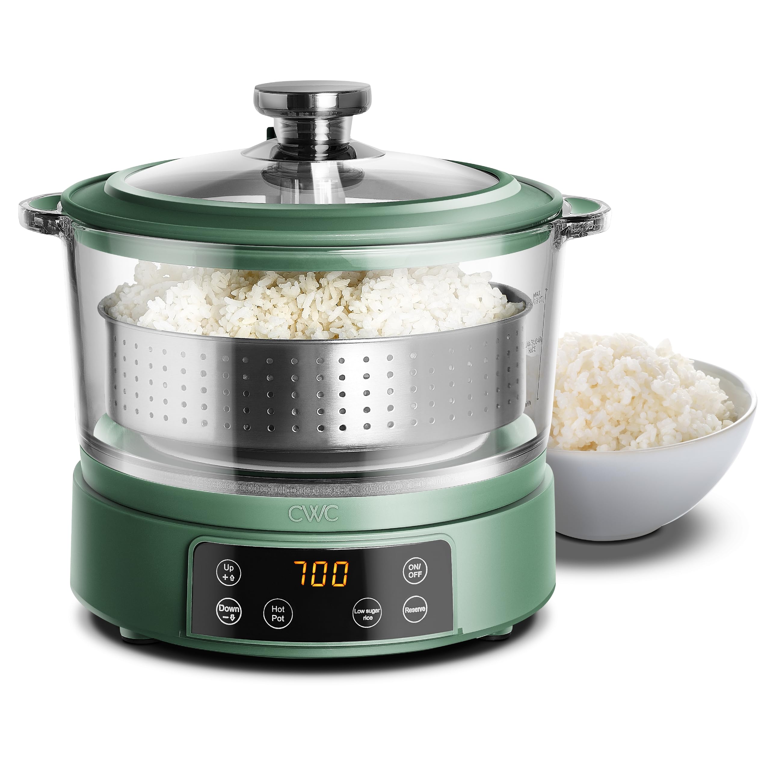 Photo 1 of COOK WITH COLOR 3L Glass Mini Low Carb Rice Cooker – Holds 2 Cups Raw/Makes 6 Cups Cooked with Auto Lift Filter Basket, Hotpot & Steamer for Rice, Grains, Digital Panel with Keep Warm, Dark Sage