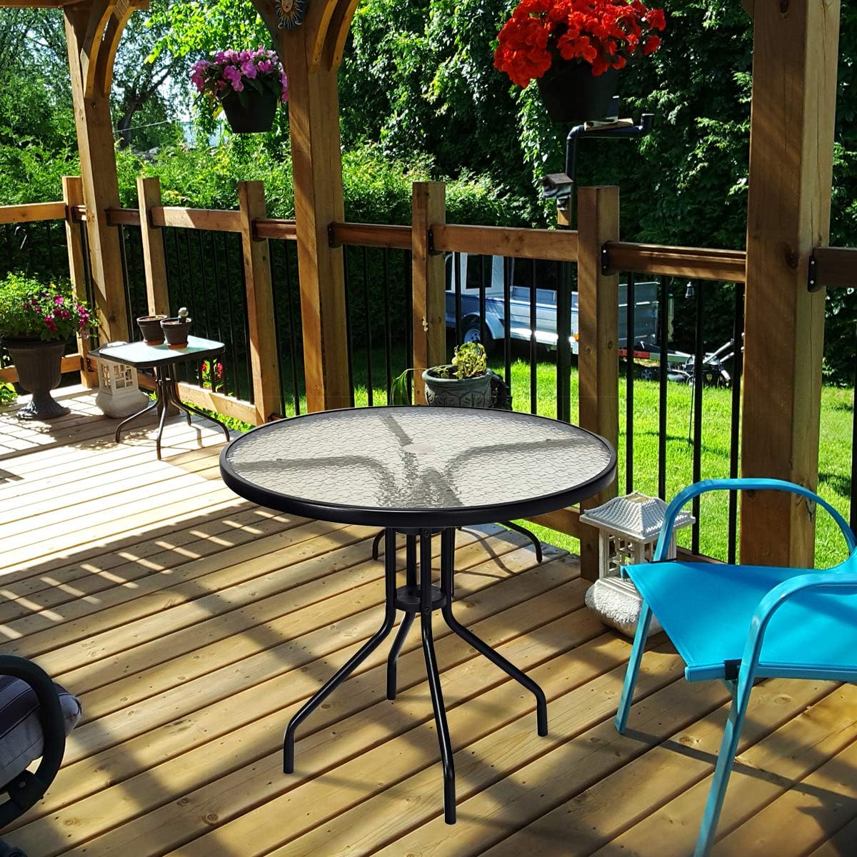 Goplus 32" Outdoor Patio Table Round Shape Steel Frame Tempered Glass Top with Umbrella Hole Commercial Party Event Furniture Conversation Coffee Table for Backyard Lawn Balcony Pool (Black): Kitchen & Dining
