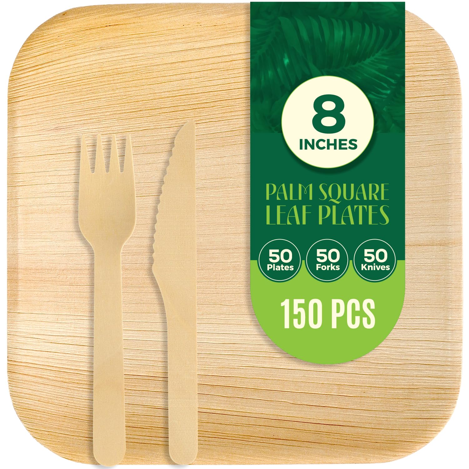 Photo 1 of TUNITI Compostable 8'' Square Palm Leaf Plate I (150-Pack)-50 of 8'' Plates, 50 Knives and 50 Forks| Premium Disposable Plates Set, Heavy Duty Eco-Friendly Like Bamboo Disposable Plates