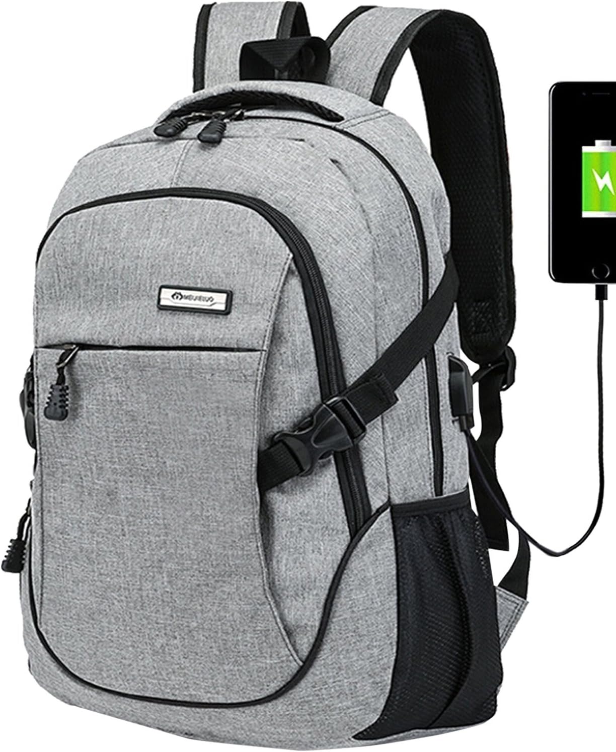 hopesport X-01 Laptop Computer Backpack, External USB Charge Port with Built-in USB Charging Cable, School/Travel Backpacks, Grey