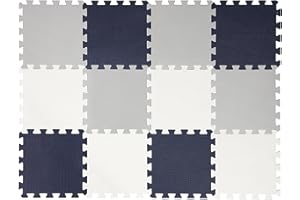 FLAT RIVER GROUP Easy Playhouse: 12 Soft Foam Floor Puzzle Tiles - Black-Grey-White - 12" Interlocking Mat Pieces (4'x3'), Nursery, Playroom, Gym, Children & Adults