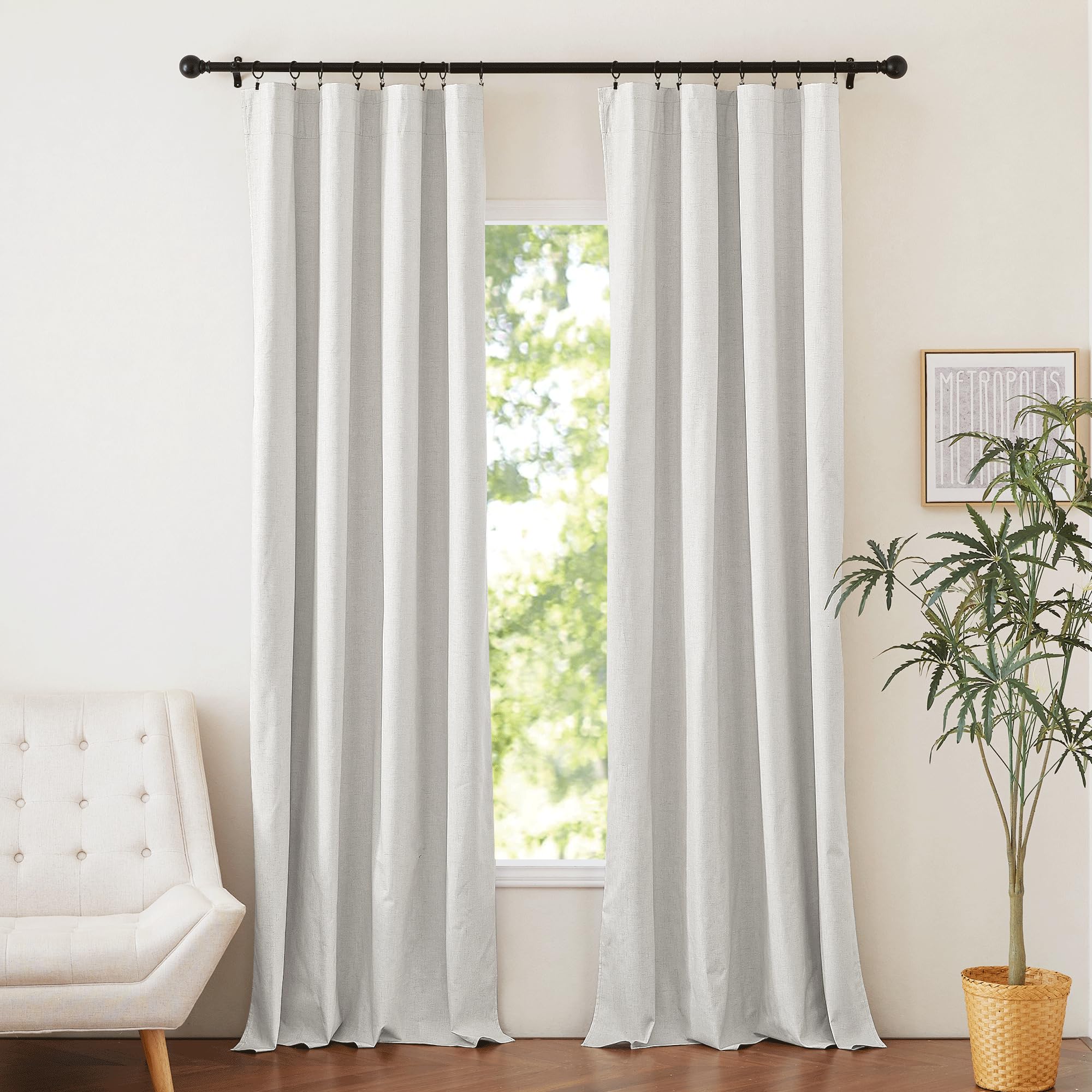 NICETOWN 100% Blackout Linen Curtains 120 inch Length with Thermal Insulated White Liner, Off White, W52, 2 Pieces, Noise Reducing Textured Linen Look Windows Drapes for Classroom, Penthouse, Loft Image