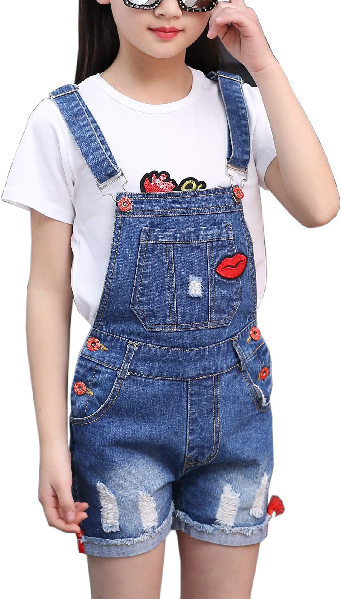 Sitmptol Girls Little Big Kids Distressed BF Jeans Cotton Suspender Denim Bib Overalls 1P