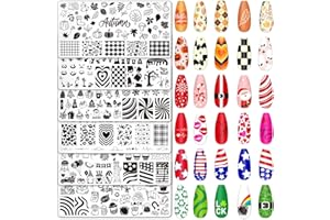 Whaline 6Pcs All Holiday Nail Art Plates Christmas Valentines StampTemplates Set Winter Fall Nail Plates Stamping for Xmas DIY Print Manicure Salon Design Gift