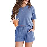 Spriolim Women's 2 Piece Outfits Summer Knit Short Sleeve Top and Shorts Set Soft Casual Lounge Sets