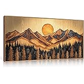 Ausril Woodcut Mountain Pine Tree Framed Canvas Wall Art Set - 20x40 Inch, Vintage Nature Forest Wilderness Landscape Print, 