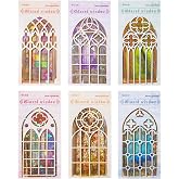60pcs Vintage Glazed Window Themed Stickers, 6 Packs Holographic Gothic Cathedral Windows Decals for Journaling Card Making Scrapbooking Mixed Media Christian Art Projects Adult