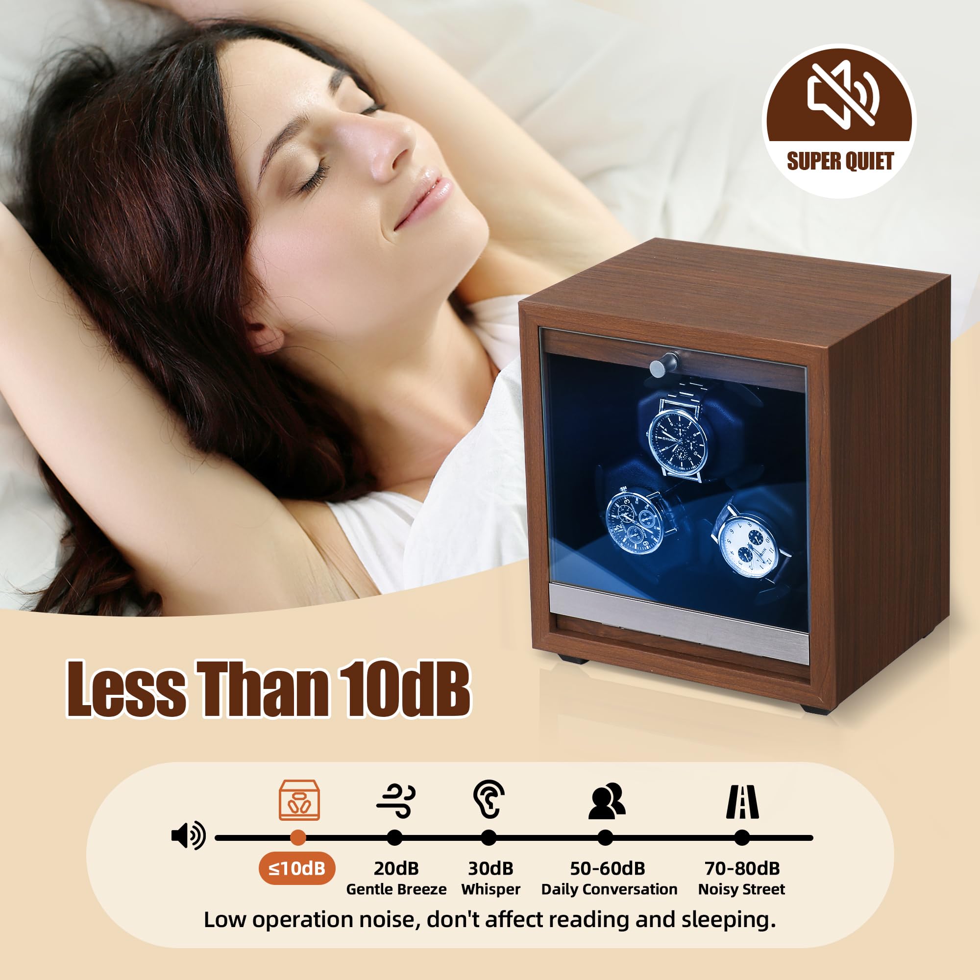 3 Watch Winder for Automatic Watches Wooden Automatic Watch Winder with Super Quiet Japanese Motor, 4 Rotation Mode, Blue LED Light, Memory Foam Pillows for Man & Woman