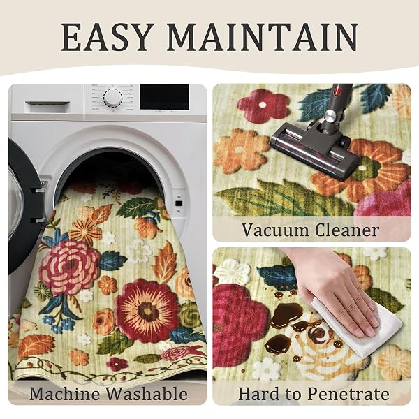 2X6 MACHINE WASHABLE RUNNER RUG, KITCHEN HALLWAY AREA RUG GREEN VINTAGE BOHO FLORAL ULTRA NON-SLIP LOW PILE SOFT FAUX WOOL CARPET, KIDS AND PETS FRIENDLY FOR BEDROOM ENTRYWAY NURSERY HOME DECOR RUG
