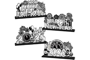 CHYAGCLT 4Pcs New Years Decorations 2026 Wooden Table Decorations Black Silver New Years Eve Party Supplies 2026 Happy New Year Table Centerpieces for Nye decorations
