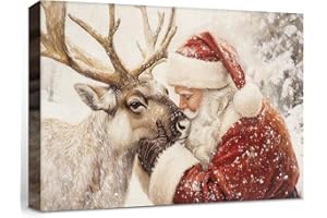 PARONA Framed Christmas Canvas Wall Art Print, Vintage Santa Reindeer Canvas Painting Decor, Christmas Wall Art Prints for Living Room Bedroom Fireplace Decor 12x8in